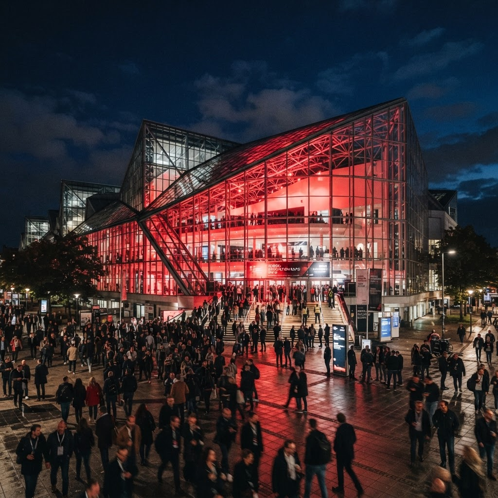 Maimarkthalle Mannheim bei Nacht mit roter Beleuchtung